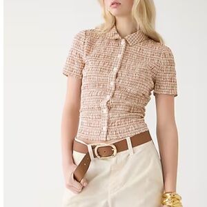 J. Crew Smocked Button-Up Shirt in Gingham Cotton Voile